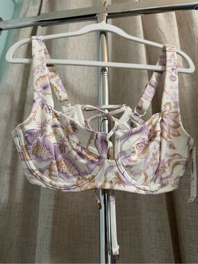 Victoria's Secret Cream and Lavender Floral Lace-Up Bikini Top
